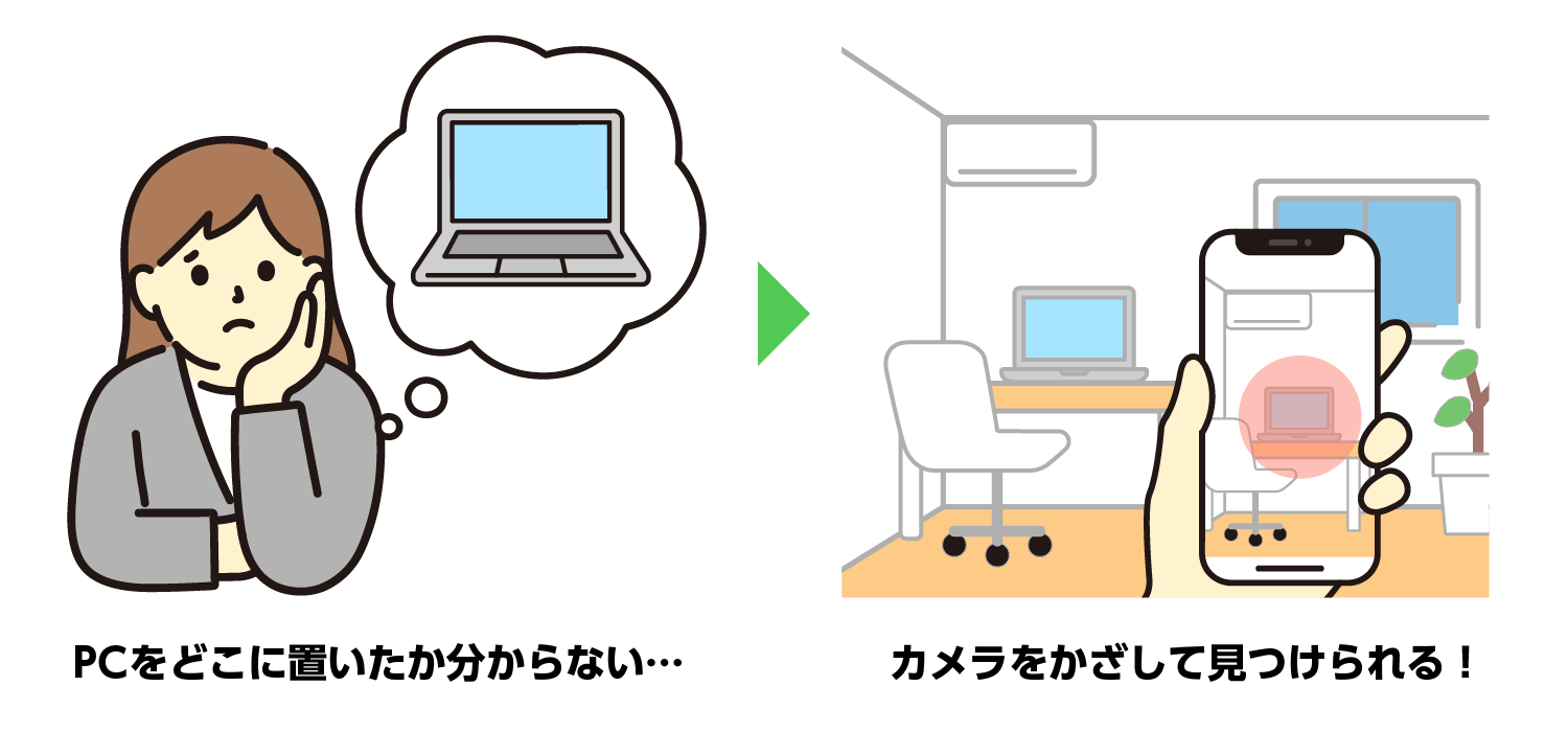 スマホのカメラをかざすだけで、簡単に近くの管理品を探すことができます。のイラスト